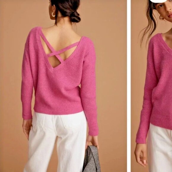 Anthropologie Maeve Pink Waffle Knit Cross Back Sweater Women’s XXS - Picture 1 of 6